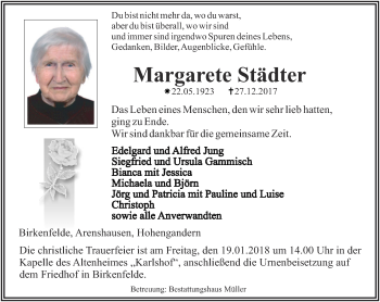 Traueranzeige von Margarete Städter von Thüringer Allgemeine