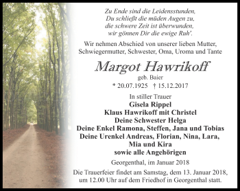 Traueranzeige von Margot Hawrikoff von Ostthüringer Zeitung, Thüringische Landeszeitung