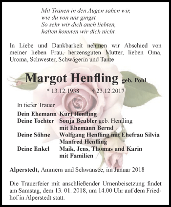 Traueranzeige von Margot Henfling von Thüringer Allgemeine, Thüringische Landeszeitung