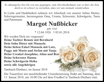 Traueranzeige von Margot Nußbicker von Ostthüringer Zeitung, Thüringische Landeszeitung