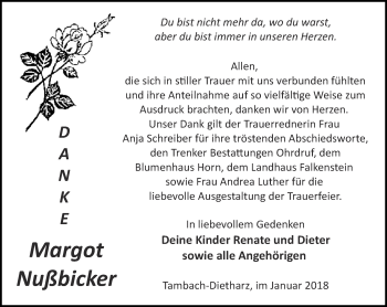 Traueranzeige von Margot Nußbicker von Ostthüringer Zeitung, Thüringische Landeszeitung