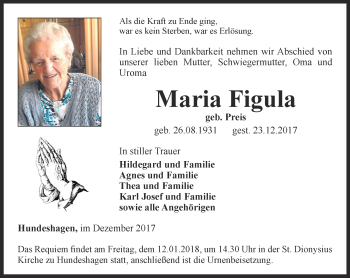 Traueranzeige von Maria Figula von Thüringer Allgemeine