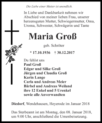 Traueranzeige von Maria Groß von Thüringer Allgemeine, Thüringische Landeszeitung