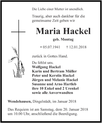 Traueranzeige von Maria Hackel von Thüringer Allgemeine, Thüringische Landeszeitung