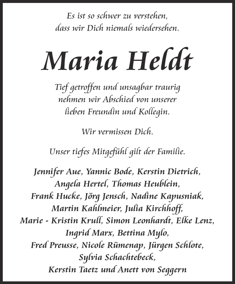  Traueranzeige für Maria Heldt vom 13.01.2018 aus Thüringer Allgemeine