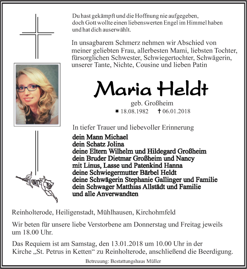  Traueranzeige für Maria Heldt vom 09.01.2018 aus Thüringer Allgemeine