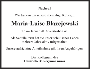 Traueranzeige von Maria-Luise Blazejewski von Ostthüringer Zeitung