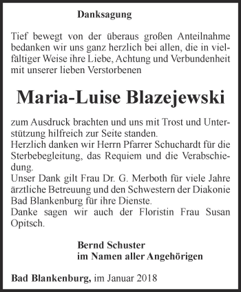 Traueranzeige von Maria-Luise Blazejewski von Ostthüringer Zeitung