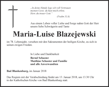 Traueranzeige von Maria-Luise Blazejewski von Ostthüringer Zeitung