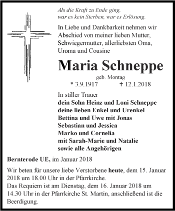 Traueranzeige von Maria Schneppe von Thüringer Allgemeine