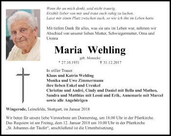 Traueranzeige von Maria Wehling von Thüringer Allgemeine