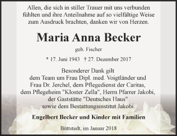 Traueranzeige von Maria Anna Becker von Thüringer Allgemeine