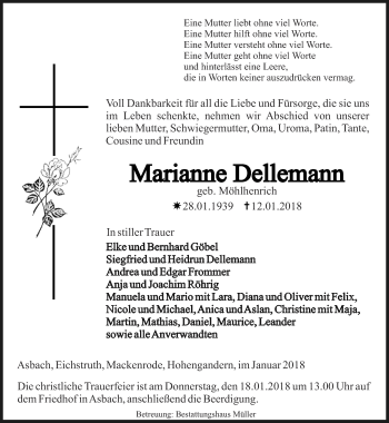 Traueranzeige von Marianne Dellemann von Thüringer Allgemeine