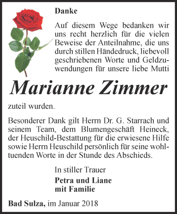 Traueranzeige von Marianne Zimmer von Thüringer Allgemeine, Thüringische Landeszeitung