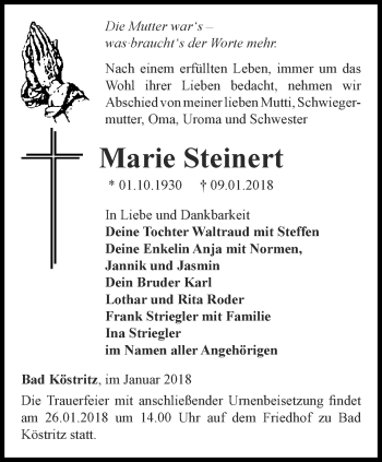 Traueranzeige von Marie Steinert von Ostthüringer Zeitung