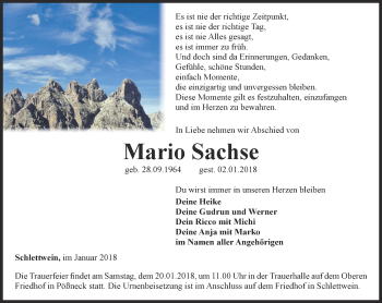 Traueranzeige von Mario Sachse von Ostthüringer Zeitung