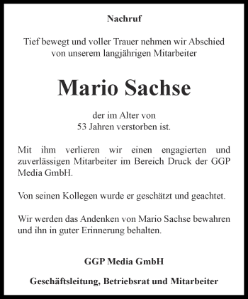 Traueranzeige von Mario Sachse von Ostthüringer Zeitung