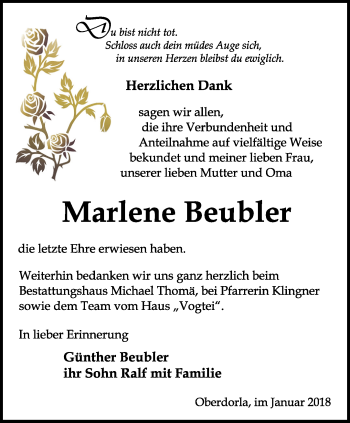 Traueranzeige von Marlene Beubler von Thüringer Allgemeine, Thüringische Landeszeitung