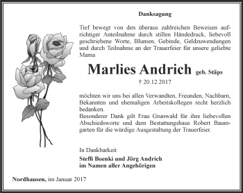 Traueranzeige von Marlies Andrich von Thüringer Allgemeine