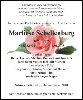 Traueranzeige von Marliese Schellenberg von Thüringer Allgemeine, Thüringische Landeszeitung