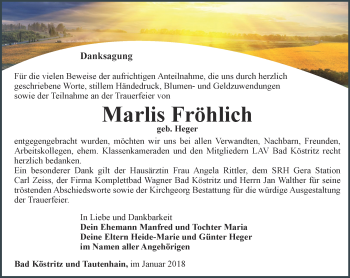 Traueranzeige von Marlis Fröhlich von Ostthüringer Zeitung