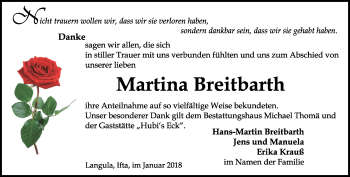 Traueranzeige von Martina Breitbarth von Thüringer Allgemeine, Thüringische Landeszeitung