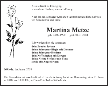 Traueranzeige von Martina Metze von Thüringer Allgemeine