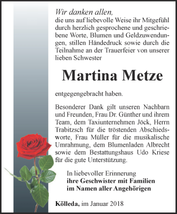 Traueranzeige von Martina Metze von Thüringer Allgemeine