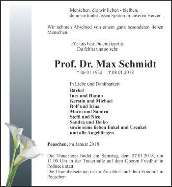 Traueranzeige von Max Schmidt von Ostthüringer Zeitung