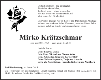 Traueranzeige von Mirko Krätzschmar von Ostthüringer Zeitung