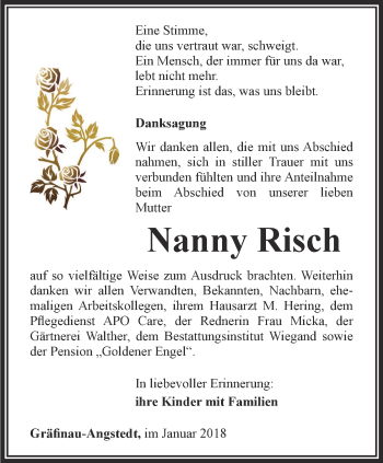 Traueranzeige von Nanny Risch von Thüringer Allgemeine