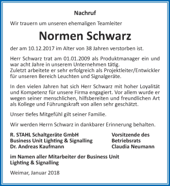 Traueranzeige von Normen Schwarz von Thüringer Allgemeine, Thüringische Landeszeitung