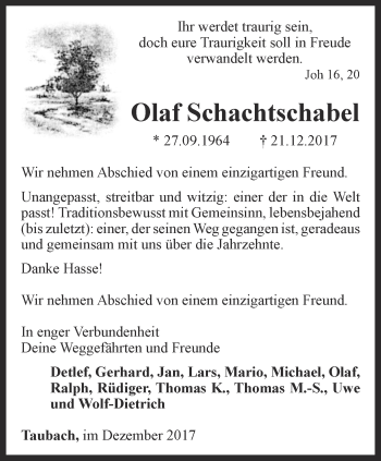 Traueranzeige von Olaf Schachtschabel von Thüringer Allgemeine, Thüringische Landeszeitung