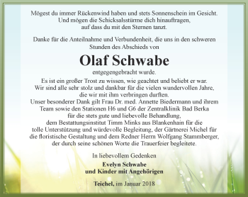 Traueranzeige von Olaf Schwabe von Ostthüringer Zeitung
