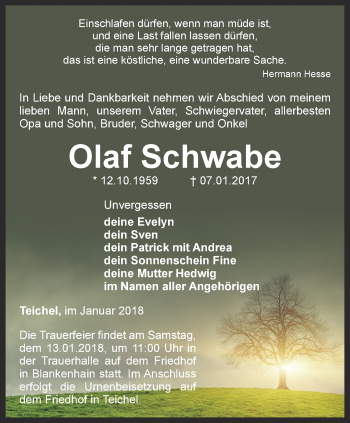 Traueranzeige von Olaf Schwabe von Ostthüringer Zeitung