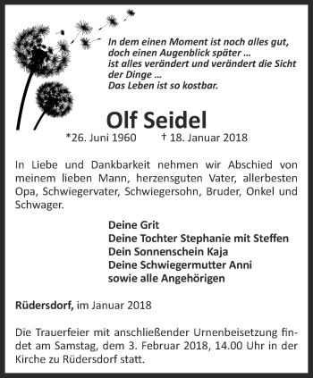 Traueranzeige von Olf Seidel von Ostthüringer Zeitung