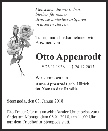 Traueranzeige von Otto Appenrodt von Thüringer Allgemeine