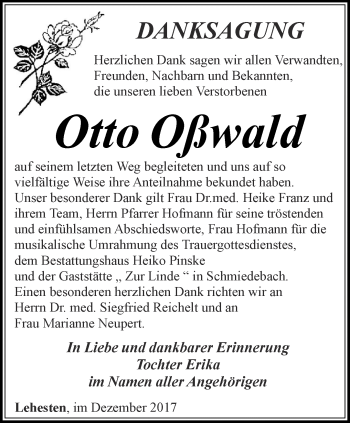 Traueranzeige von Otto Oßwald von Ostthüringer Zeitung