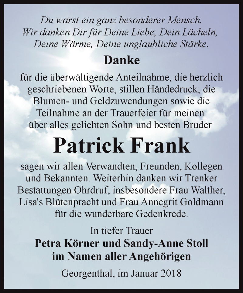  Traueranzeige für Patrick Frank vom 20.01.2018 aus Ostthüringer Zeitung, Thüringische Landeszeitung