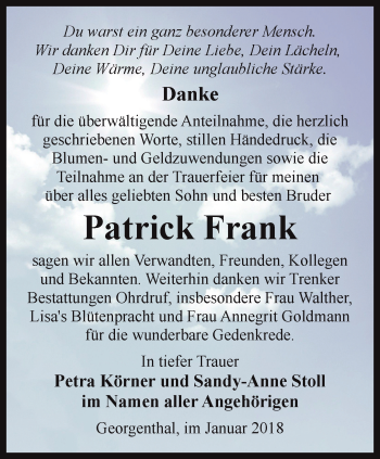 Traueranzeige von Patrick Frank von Ostthüringer Zeitung, Thüringische Landeszeitung