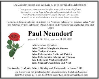 Traueranzeige von Paul Neundorf von Ostthüringer Zeitung