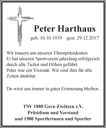 Traueranzeige von Peter Harthaus von Ostthüringer Zeitung