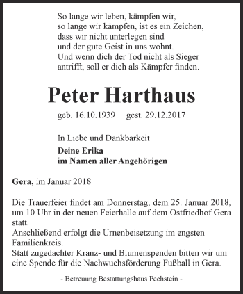 Traueranzeige von Peter Harthaus von Ostthüringer Zeitung, Thüringische Landeszeitung