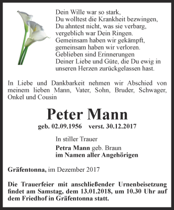 Traueranzeige von Peter Mann von Thüringer Allgemeine, Thüringische Landeszeitung