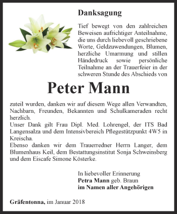 Traueranzeige von Peter Mann von Thüringer Allgemeine, Thüringische Landeszeitung