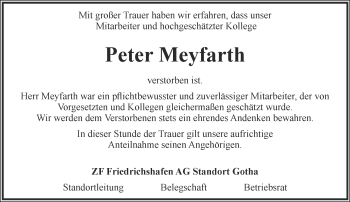 Traueranzeige von Peter Meyfarth von Ostthüringer Zeitung, Thüringische Landeszeitung