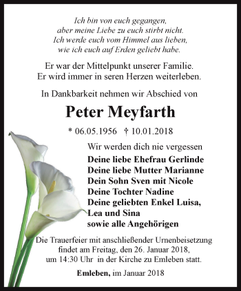 Traueranzeige von Peter Meyfarth von Ostthüringer Zeitung, Thüringische Landeszeitung