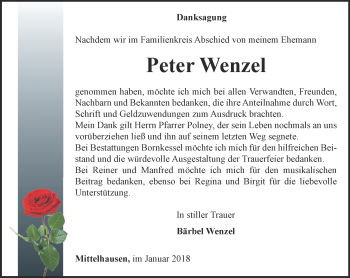 Traueranzeige von Peter Wenzel von Thüringer Allgemeine, Thüringische Landeszeitung