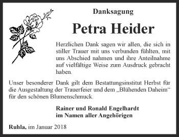 Traueranzeige von Petra Heider von Thüringer Allgemeine, Thüringische Landeszeitung