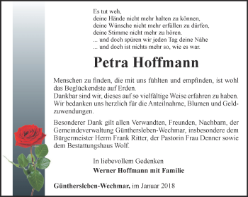 Traueranzeige von Petra Hoffmann von Ostthüringer Zeitung, Thüringische Landeszeitung